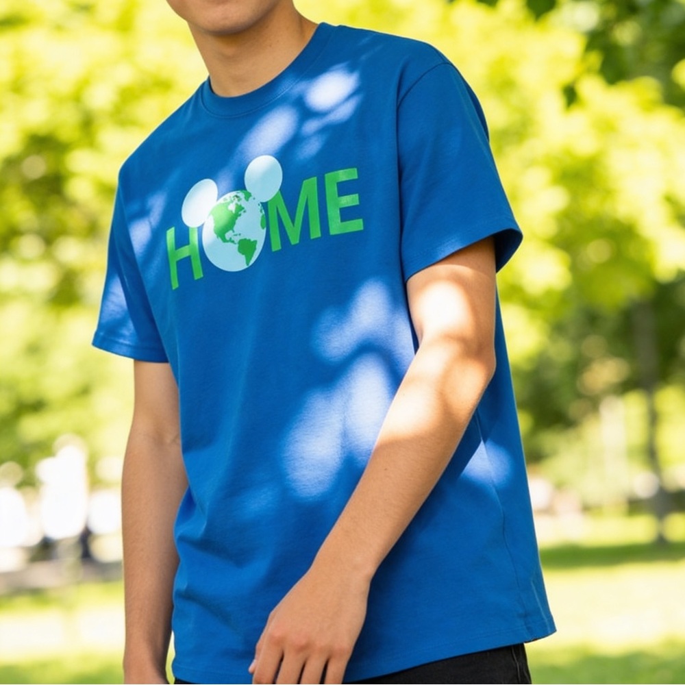 Never worn, Disney Blue T‑Shirt with Green HOME Globe Graphic